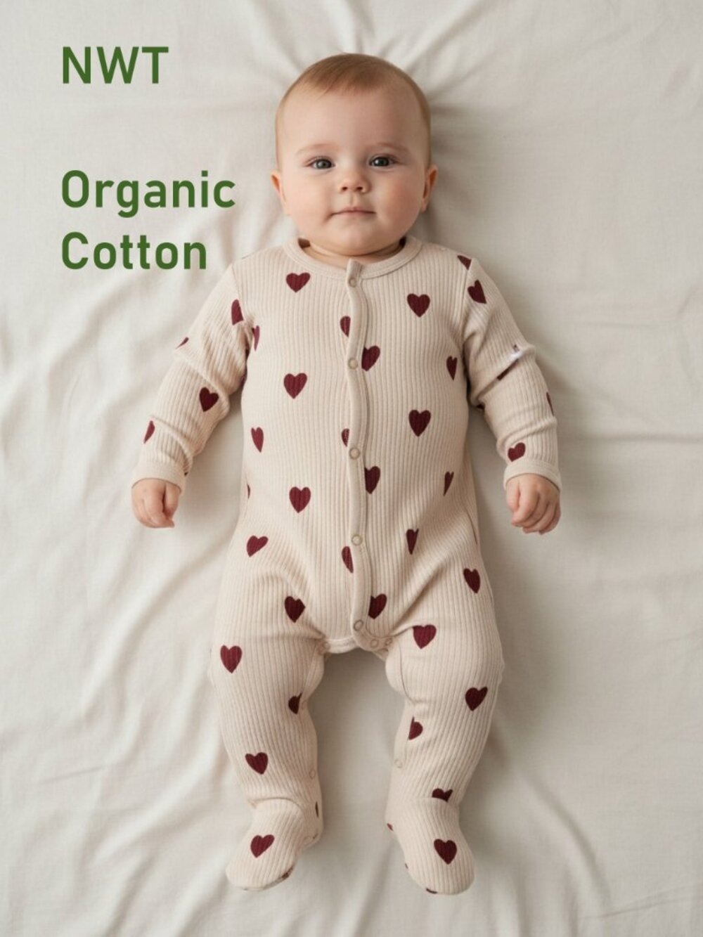 ANTEBIES Organic Cotton Heart Jacquard Footie SIZE 0-3M